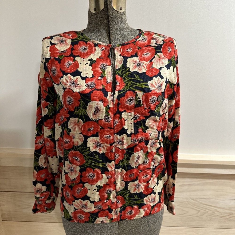 ANNE KLEIN II 100% Silk Blouse Red Floral Print  Size Petite Small‎ Poppies USA
